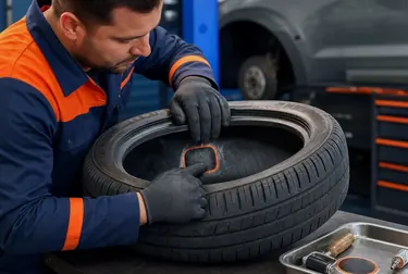 Profissional consertando pneu em uma borracharia na cidade de Itanhaém.