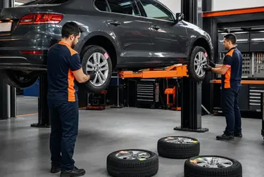 Profissional executando rodízio de pneus em um carro na borracharia de Itanhaém.