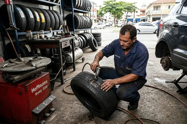 Profissional mostrando o passo a passo do conserto de um pneu furado.