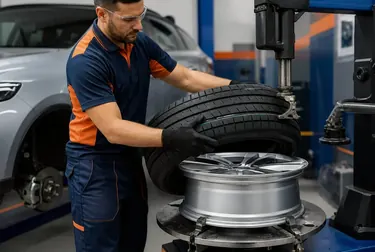 Profissional realizando a troca de pneus em Itanhaém.