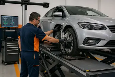 Técnico realizando alinhamento de rodas em um carro na borracharia de Itanhaém.