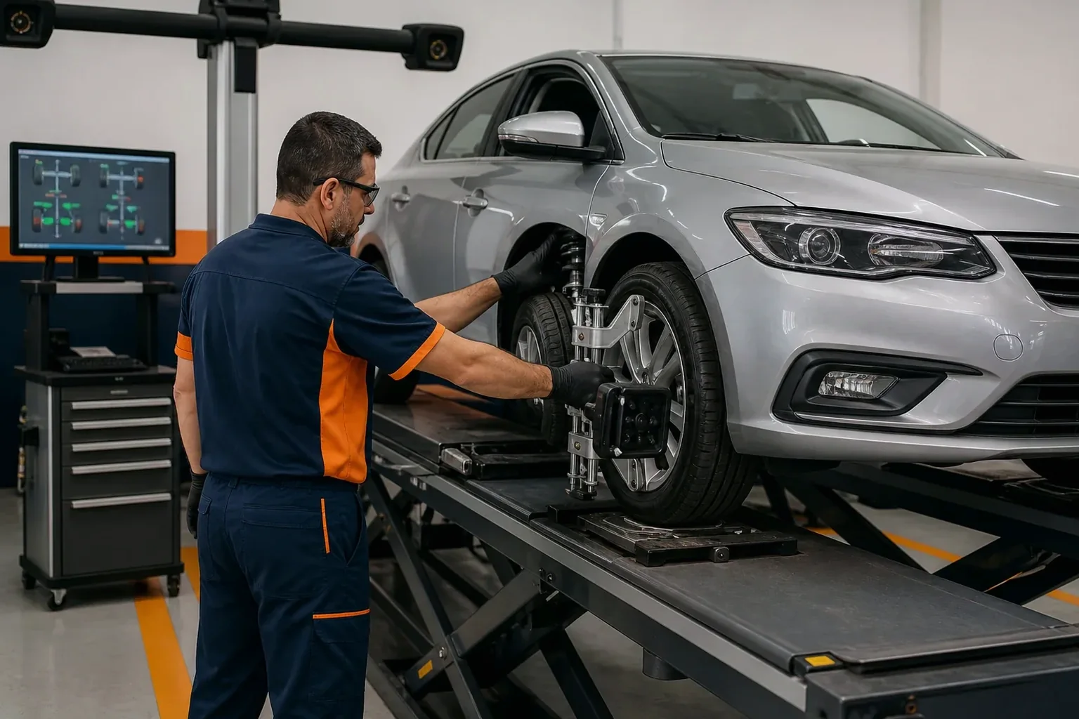Técnico realizando alinhamento de rodas em um carro na borracharia de Itanhaém.
