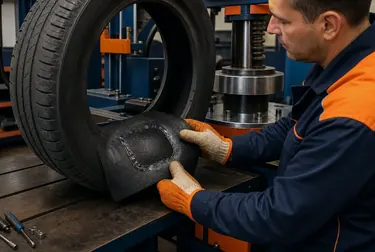 Técnico realizando vulcanização de pneus em Itanhaém.